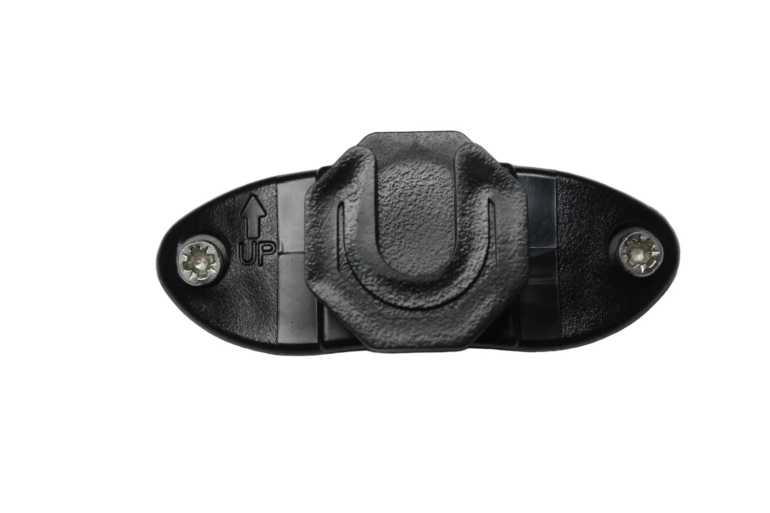 Black klick fast stud with two screws on a white background